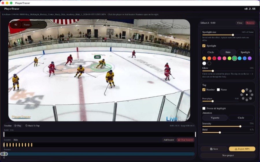 PlayerTracer app marking player #92 on a hockey clip
